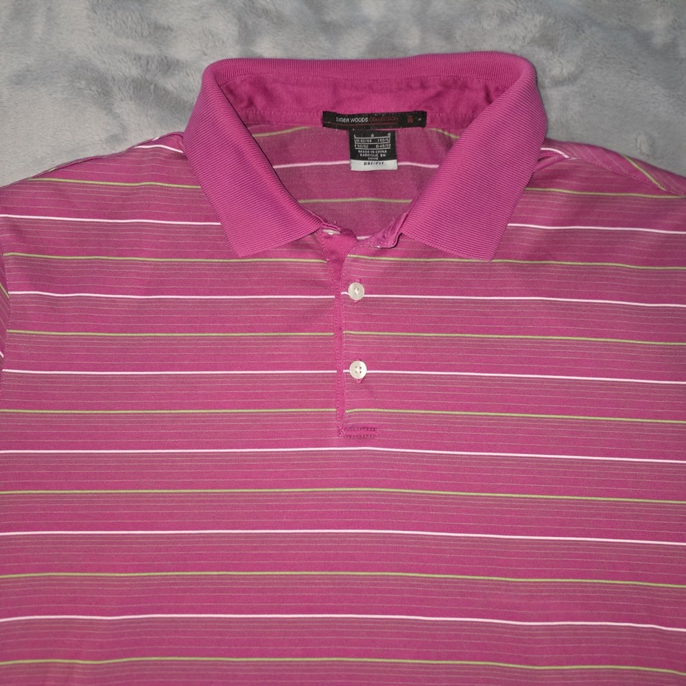 Vintage Tiger Woods Polo Shirt Mens Large Nike Dri Fit Striped Short Sleeve